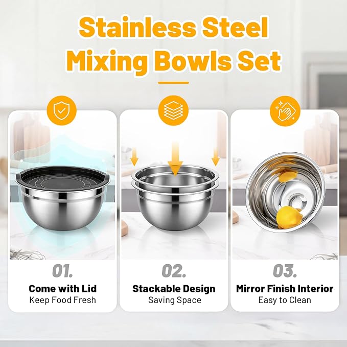 Beasea Mixing Bowls with Lids, 2 Pack 1.5 QT Small Stainless Steel Mixing Bowls with Lids, Nesting Metal Bowl Set for Kitchen, Baking, Prepping, Serving, Cooking
