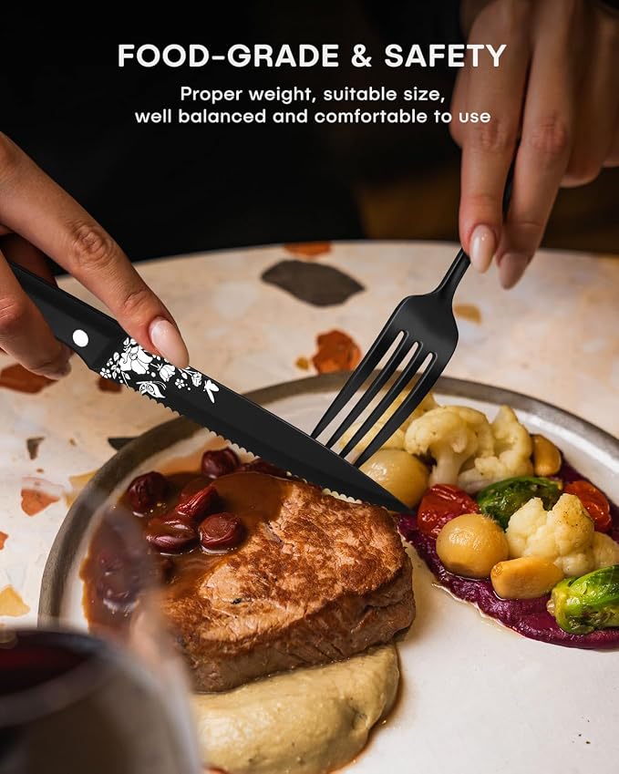 Stapava 48-Piece Black Silverware Set with Steak Knives, Stainless Steel Cutlery Flatware Set for 8, Utensil Sets Include Forks Spoons and Knives for Home Kitchen, Mirror Polished, Dishwasher Safe
