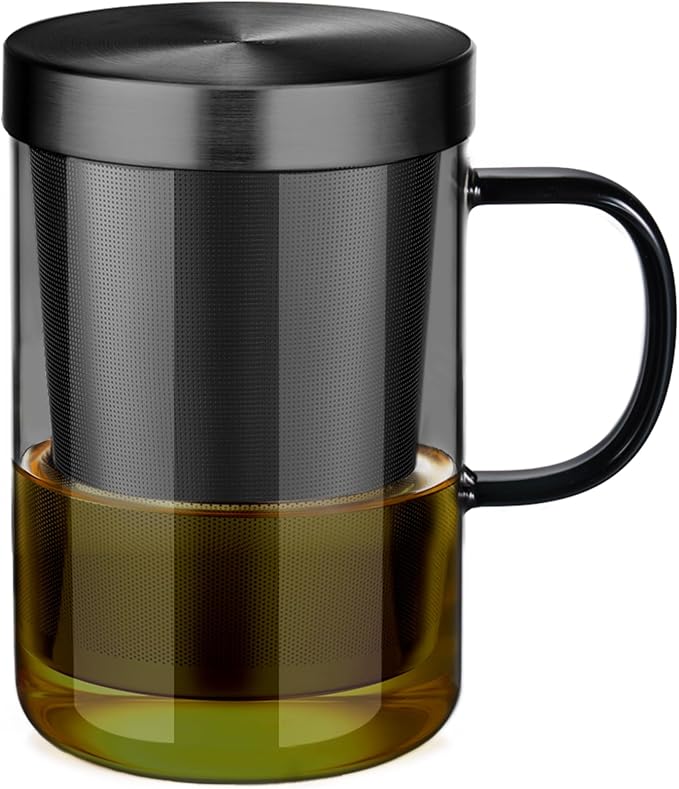 ecooe 16.9oz Glass Tea Cup with Infuser and Lid Clear Glass Tea Cup with Removable Stainless Steel Infuser & Lid, 500ml Teacup for Loose Leaf Tea, Tea Maker Gift for Birthday (Black Glass) | Black Borosilicate, Tea Cup, 430 ml (Use Capacity), Microwave...