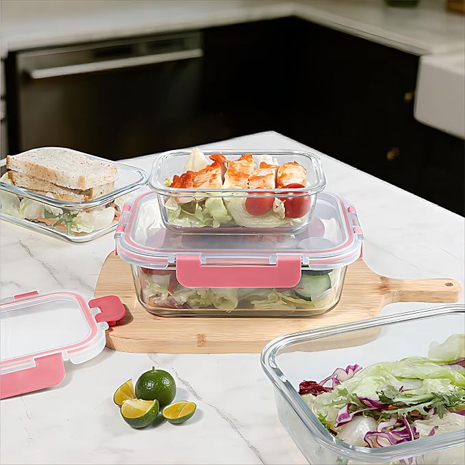 BAYZZ 10 Pack Glass Meal Prep Containers, Glass Food Storage Containers with Lids, Airtight Lunch Box, Freezer,Oven,Microwave and Dishwasher Safe,Pink