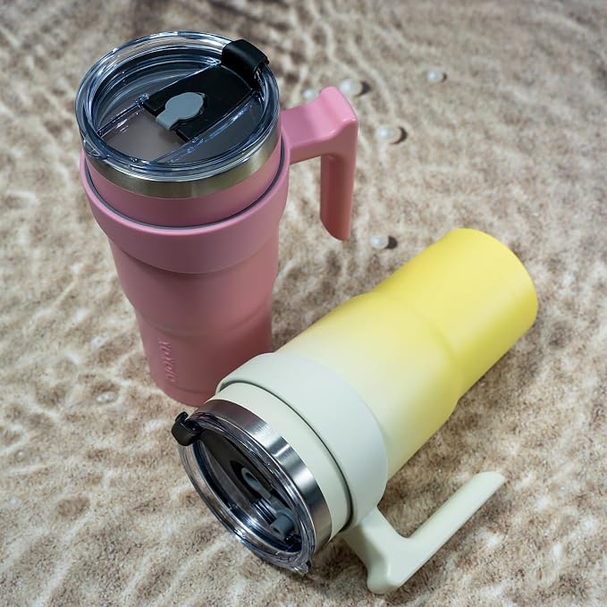 BJPKPK 20 oz Tumbler with Handle & Straw, Insulated Stainless Steel Mug | Double Wall Vacuum, Keeps Hot/Cold, Thermal Cup, BPA Free, Dishwasher Safe, Cupholder Fit, Coffee & Travel, Lemon