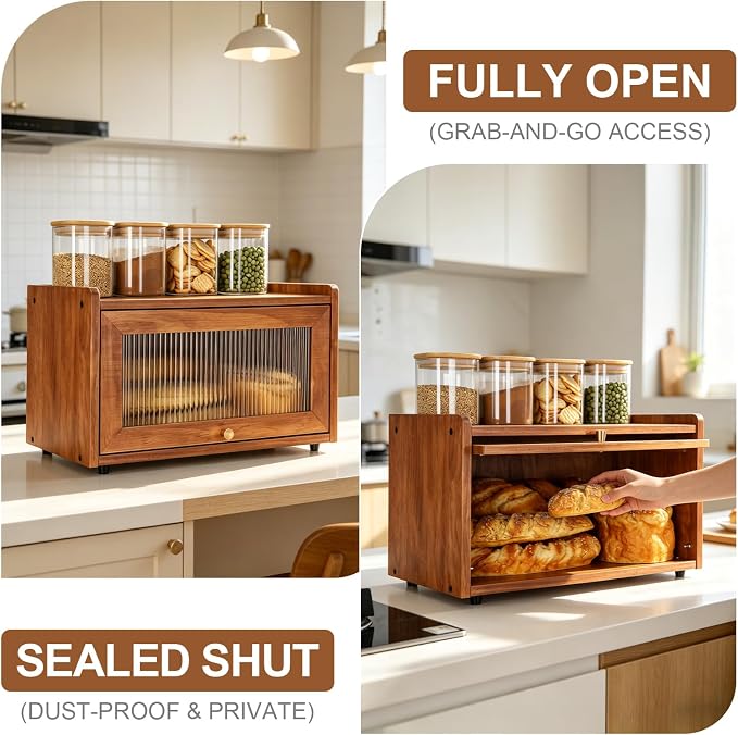 Wooden Bread Box for Kitchen Countertop, Daily Bread Storage for Clutter-Free Counters, Flat Top Bread Holder with Acrylic Door, Brown