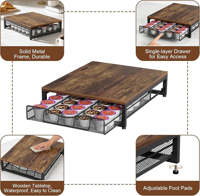 VyGrow Coffee Pod Holder For Counter, Wooden K Cup Holder with Single Layer Sliding Drawer, Large Capacity Coffee Pod Storage for Coffee Station, Home, Office, Kitchen