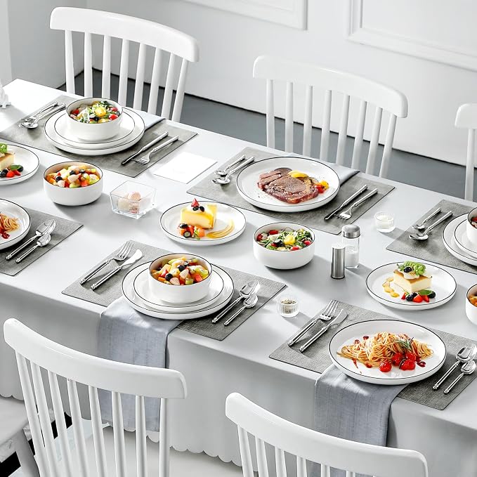 MALACASA 18 Pcs Porcelain Plates and Bowls Sets,Dinnerware Set for 6,White | Modern Ceramic Dishware Set,Kitchen Dining Ware,Microwave and Dishwasher Safe,Simple White with Black Trim Design,Series LUNA