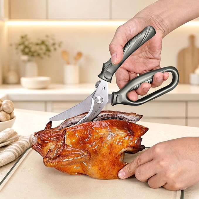 CHEN-KE Rust Resistant Heavy Duty Multipurpose Kitchen Shears-Grey | Stainless Steel Kitchen Scissors, One-Hand, Ergonomic Grip, Sharp Durable Poultry Scissors for Chicken, Meat, Food Cutting