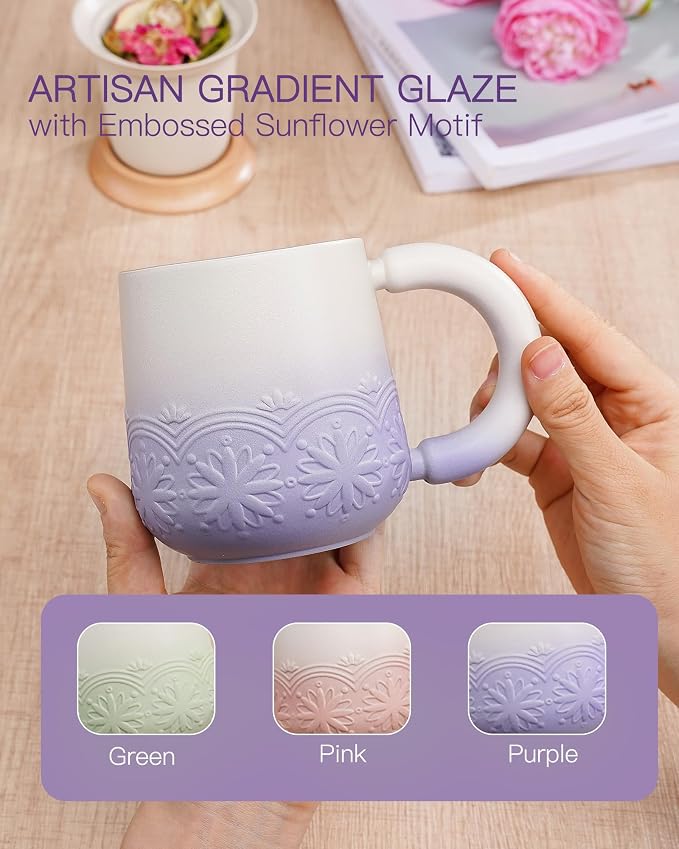 ZENS Tea Mug with Infuser and Lid for Loose Tea Diffusers, 12oz Purple | Embossed Ceramic Tea Cup with Infuser for Herbal Tea Steeper, Tea Lovers Gifts, Japandi Style Sunflower