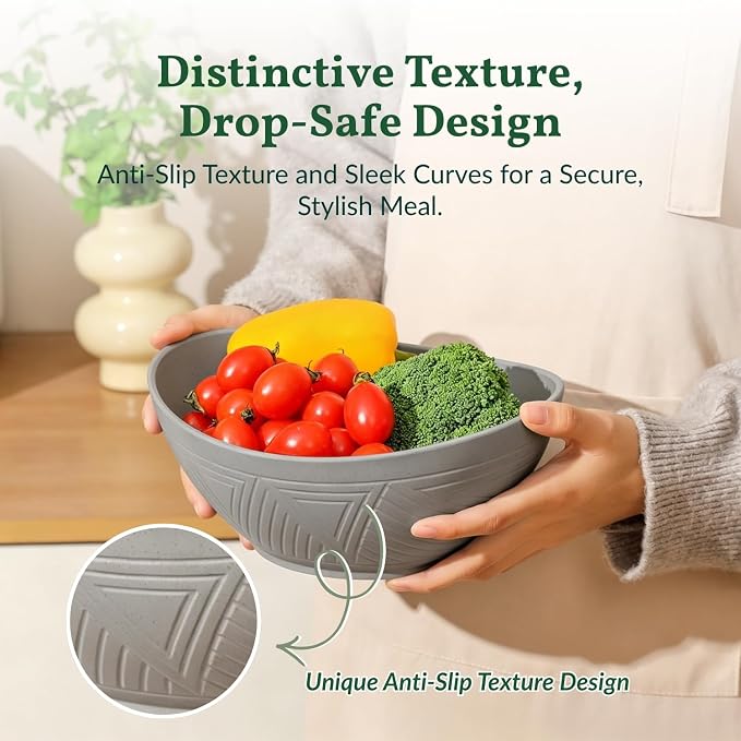 Wheat Straw Bowls, Large Salad Bowls Set of 6-60 OZ Serving Bowl for Kitchen, Camping, Party - Unbreakablke Microwave and Dishwasher Safe Big Cereal Bowl, Large Soup Bowl - Grey
