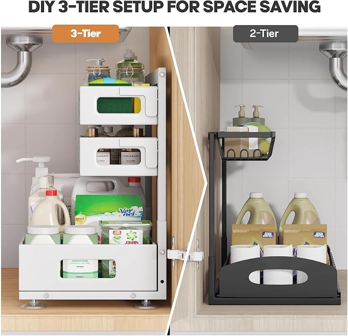 2 Pack Under Sink Organizer,Pull Out Cabinet Organizer With Smooth Cylindrical Rail,Metal Slide Out Drawer for Kitchen Bathroom Laundry Cabinet,8-Level Tool Free Height Adjustable-White