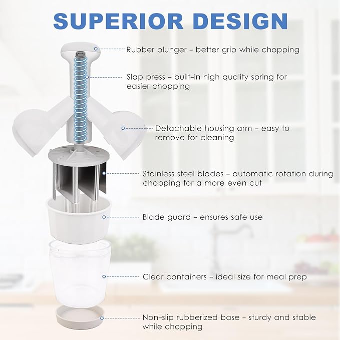 Vegetable Chopper, Food Chopper Manual Hand, Onion, Salad, Garlic, Nut & Veggie Cutter, Dishwasher Safe, White