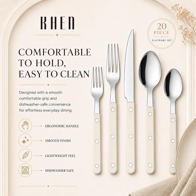 Khen Cutlery Set of 20, 18/8 Stainless Steel Flatware, Modern Silverware for Home, Kitchen, Dining & Table Setting for 4 – Stainless Steel, Dishwasher Safe, Lightweight & Ergonomic Design Gift - Cream