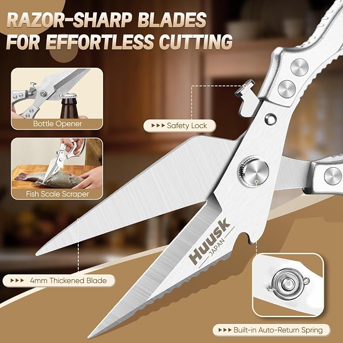 Huusk Kitchen Scissors for Food - Multifunction Poultry Shears Heavy Duty | Japanese SK5 Steel Kitchen Shears for Meat, Fish, Chicken Bones, Turkey, Ergonomic Non-Slip Silver Handle, Gifts for Women