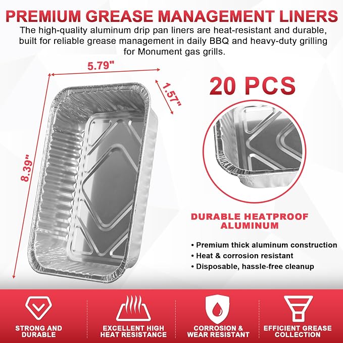 Universal Grease Drip Pans for Monument Grills Aluminum Grease Tray Liners | Fits Monument 24367 24633 35633 25392 41847NG 17842 14633 ect Gas Grill Parts, replace #D010012705, #A02122319, 20 pcs