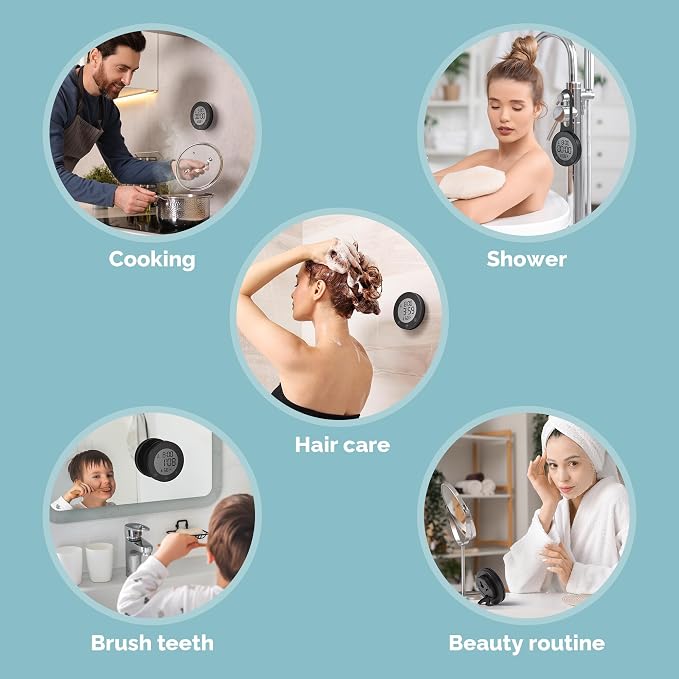KADAMS Shower Clock Waterproof Bathroom Timer – Digital Wall Clock with Countdown, Magnetic Kitchen Clock with Temperature & Humidity, Suction Cup for Kids Shower Spa Cook Bath (Matte Black)