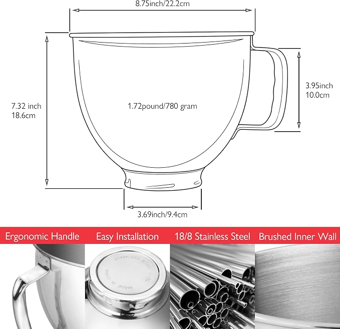 5 Quart Stainless Steel Mixer Bowl for Kitchenaid 4.5/5 Qt Tilt-Head Mixer | 18/8 Stainless Steel, Heavy Duty, Dishwasher Safe, Mixing Bowl and Whisk Attachment for Kitchenaid K45 KSM75 KSM90 KSM150