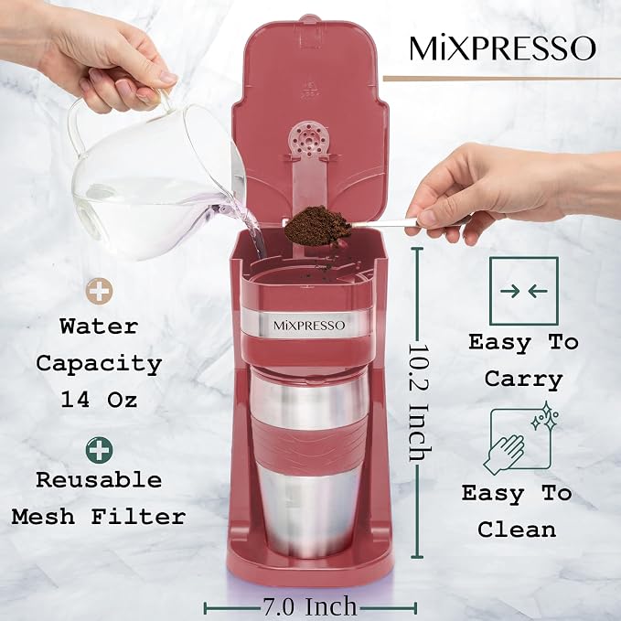 Mixpresso Single Serve & Single Cup Coffee Maker with 14oz Travel Mug Red | For ground coffee only, reusable filter, auto shut off. Compact personal drip coffee maker, not compatible with K-Cup pods.