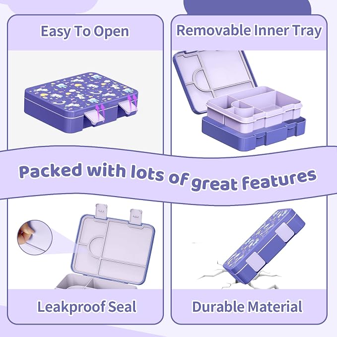Bento Lunch Box for Kids, Leak-Proof 5-Compartment Cute Lunchbox for Boys Girls, Drop-Proof, Food Container Microwave & Dishwasher Safe, Back to School Supplies for Ages 3 to 7, Purple/Unicorn