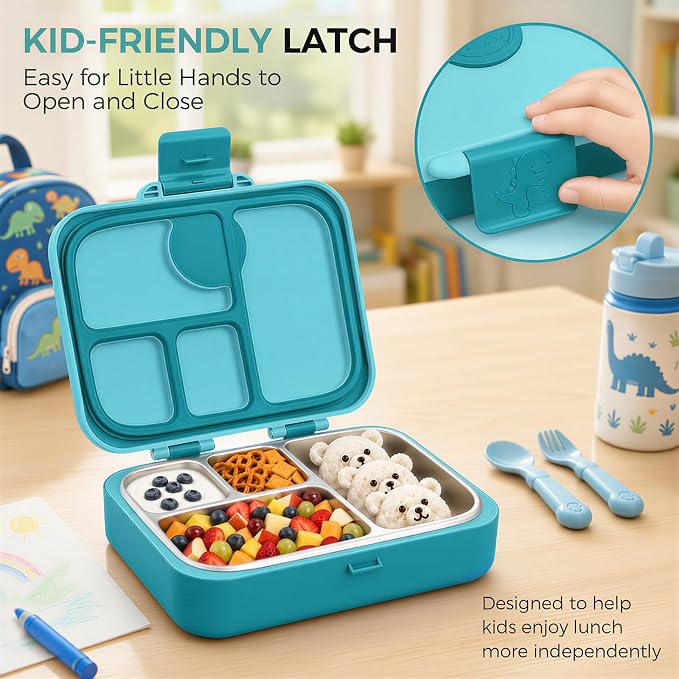 Kids Stainless Steel Bento Lunch Box, 4 Compartments | Leak-Resistant 4 Cups Lunch Container for Ages 4+ with Easy-Open Latch, Removable Seal & Meal Feedback Icon