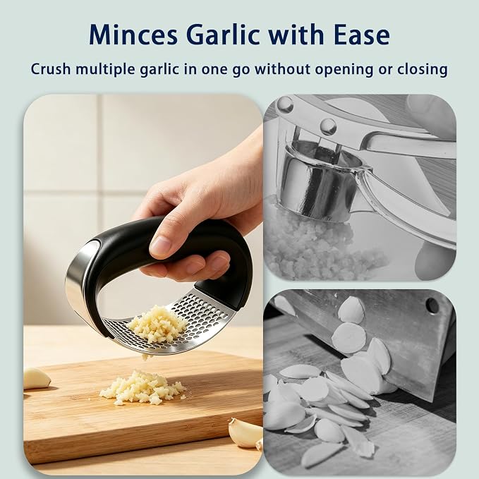 Garlic Press Rocker Set – Stainless Steel Garlic Crusher, Mincer with Peeler & Scraper, Quick & Easy Garlic Smashing