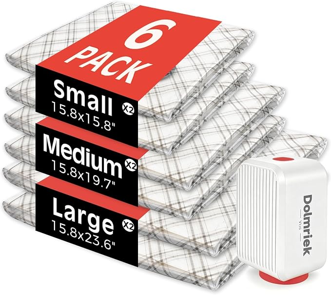6-Pack Vacuum Seal Bags for Clothing Travel with Cordless Pump | Vacuum Storage Bags for Clothes with 4000Pa Suction, 2400mAh Rechargeable Pump, Carry-On Packing for Luggage and Suitcases