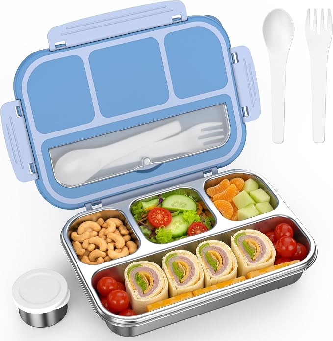 Stainless Steel Bento Box Adult Kids, Leakproof Metal Lunch Box Containers 4 Compartments, 32 Oz Reusable Food Storage Containers for Office and School, Blue