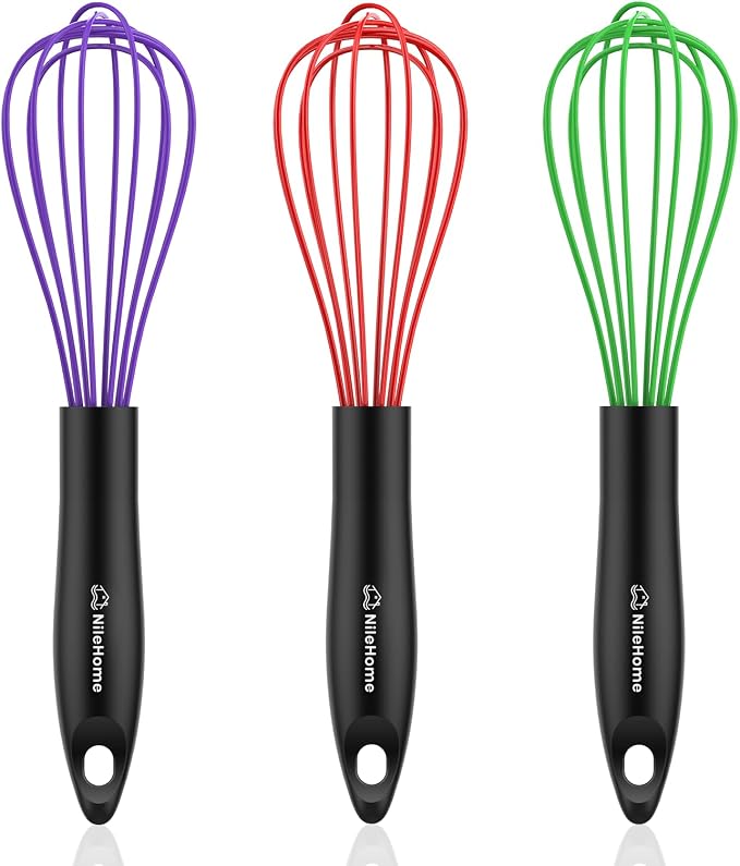 NileHome Silicone Whisk Set, 3 Pack Kitchen Whisk 10" Kitchen Wisk Wire Whisks for Cooking, Whisking, Blending, Beating, Stirring-Multicolor