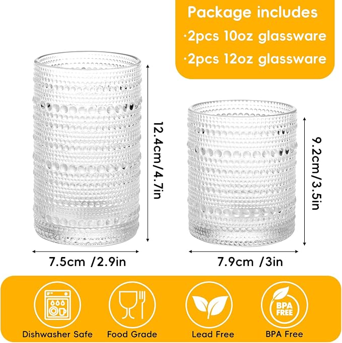 Moretoes 4 Pack Hobnail Drinking Glasses Set,Glass Cups | 12 Oz Highball Glasses & 10 Oz Cocktail Glasses, Kitchen Bar Tumbler Glassware Set for Whiskey, Beer, Juice, Milk