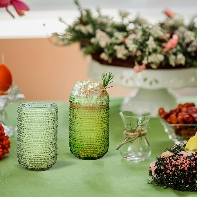 CHLJAR Hobnail Drinking Glasses Set of 6, 14 oz Vintage Glassware Set, Embossed Green Water Tumbler for Beer, Juice, Cocktail, Whiskey, Milk, Green