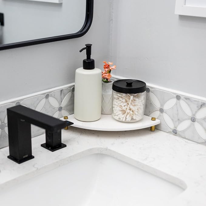 Fast Drying Stone Sink Caddy Made of Diatomaceous Earth | Water Absorbing Stone Tray for Bathroom | Instant Dry Sponge Holder for Kitchen Sink New Longer Size (Marble print on Corner tray)