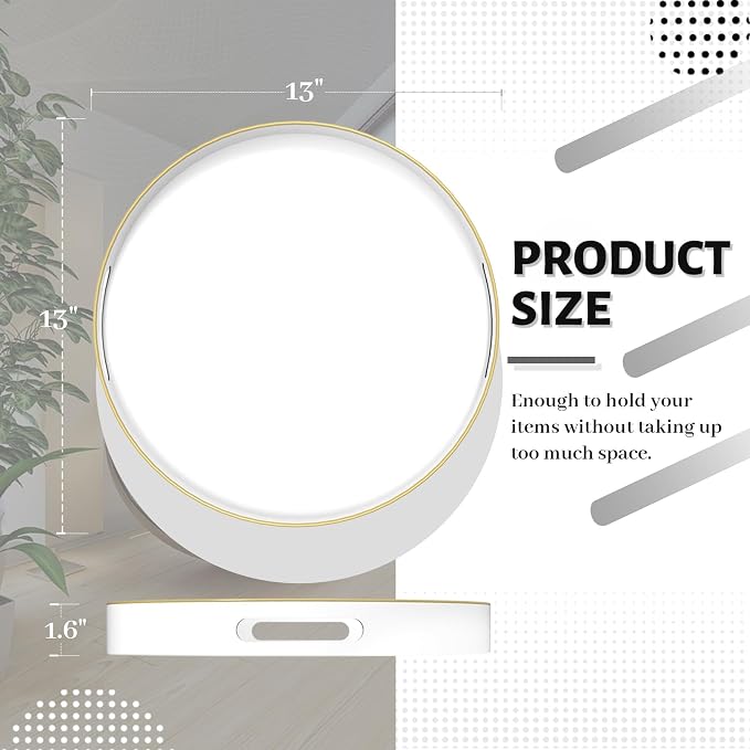 13" White Decorative Tray, Plastic Round Serving Tray with Handles | Decorative Tray for Coffee Table, Modern Ottoman Tray, Circle Tea Tray, Round Melamine Tray for Living Room, Bathroom