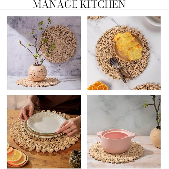 11.8" Set of 6 Round Woven Corn Husk Placemats by Laquedecraft | Protects Tables from Heat & Scratches, Perfect for Everyday Dining, Family Gatherings and Holiday Entertaining