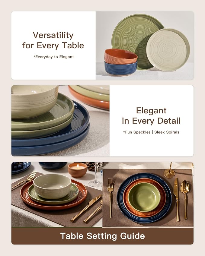 Dinnerware Set for 8, Ceramic Plates and Bowls, Multicolor | 24-Piece Ceramic Speckled Spiral Dishes, Chip & Scratch Resistant, Microwave & Dishwasher Safe, Everyday Use, Farmhouse Style