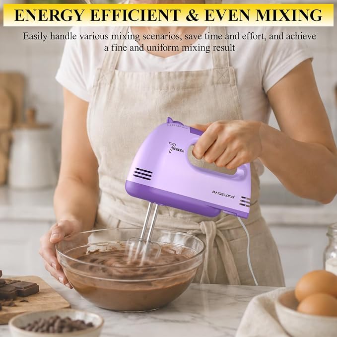 BAIGELONG Hand Mixer. 7-Speed Adjustable Kitchen Electric Mixer. With 5 Stainless Steel Attachments: 2 Hooks, 2 Beaters, 1 Whisk. Comes 1 Storage Box. Perfect for Bakers and New Starters. Purple