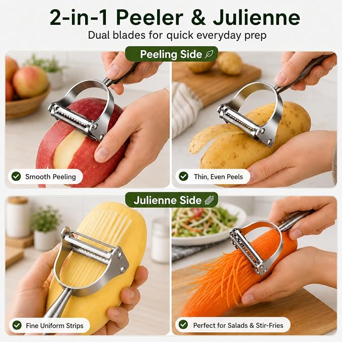 2-in-1 Julienne Vegetable Peeler, Stainless Steel Y Peeler with Dual Blades | Kitchen Peeler with Sharp Blades for Fruits & Vegetables, Ergonomic Handle, Durable and Easy to Clean