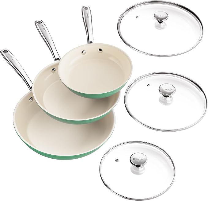 Redchef Nonstick 6-Piece Fry Pan Set, 8, 9.5, and 11 Inch Frying Pans with Tempered Glass Lids, Stay-Cool Handles, Dishwasher & Oven Safe, Induction Safe, Compatible with All Cooktops, Green
