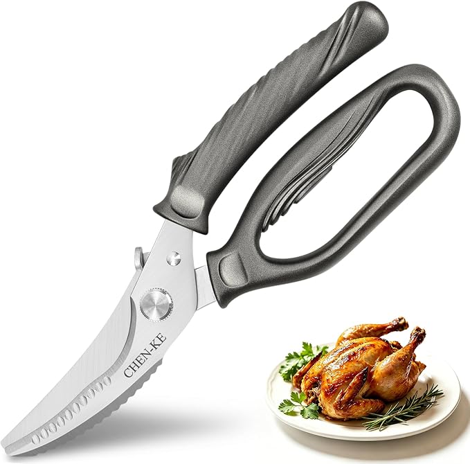 CHEN-KE Rust Resistant Heavy Duty Multipurpose Kitchen Shears-Grey | Stainless Steel Kitchen Scissors, One-Hand, Ergonomic Grip, Sharp Durable Poultry Scissors for Chicken, Meat, Food Cutting