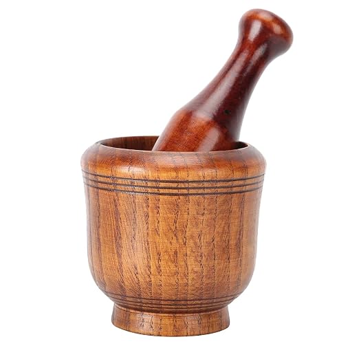 Wooden Mortar and Pestle Set, Traditional Spice Grinder Manual Garlic Masher Pepper Press Ginger Crusher Herb Spices Grinder Set Kitchen Gadgets