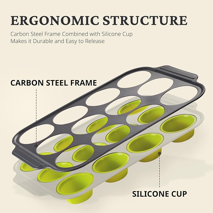 BRONYPRO Silicone Muffin Pans for Baking with Metal Frame, Egg Bite Maker Silicone Molds, Cupcake Pans 12 Regular Size, Muffin Tins Easy to Pop Nonstick Non Toxic Bakeware for Oven, Lime Green