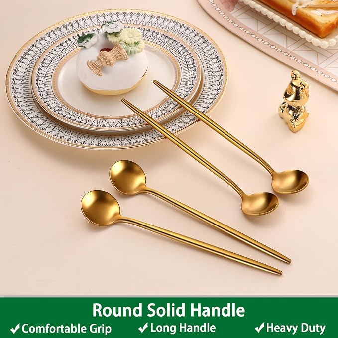 7.95 Inches Matte Gold Stainless Steel Iced Tea Spoons,Set Of 4 SS18/10 Cocktail Stirring Spoons,Long Handle Ice Teaspoons For Mixing,Coffee Stirrers,Ice Cream Spoon