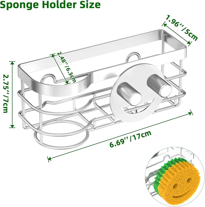 Cisily Smiley Sponge Holder for Kitchen Sink Caddy | Stainless Steel Movable Brush Holder Dish Cloth Hanger, Suction Cup Sink Caddy Organizer Scrubber Accessories (Silver)