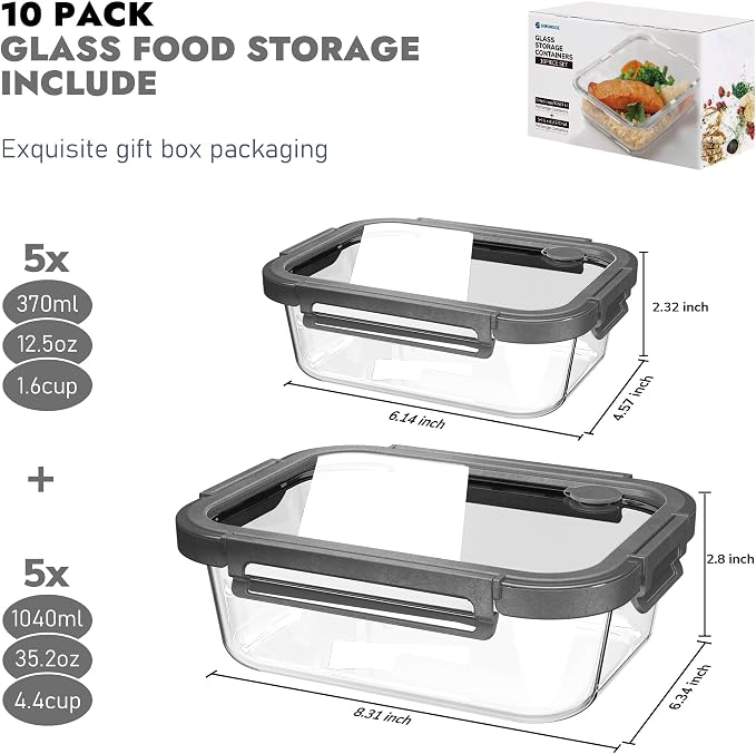 10-Pack Glass Food Storage Containers with Tempered Glass Lids – Borosilicate, Airtight, Oven-Safe (-4°F~950°F), BPA-Free, 4.4 & 1.6 Cup, Leak-Proof, Dishwasher Safe (Gray)