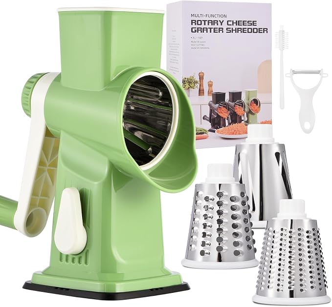 Rotary Cheese Grater Hand Crank Transparent - Shredder Slicer Grinder 3 Stainless Steel Blades, Stable Suction, Labor-Saving Handle, Safe Kitchen Tool for Cheese, Vegetable, Nuts, Chocolate