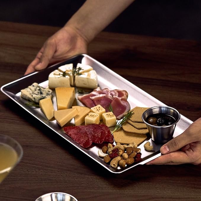 Wagensteiger SUS304 Stainless Steel Serving Platters, Rectangle Metal Dinner Plate with Handles, Decorative Tray, Lightweight, Cheese Board, Oven Safe (14.17 x 7.87 inches)