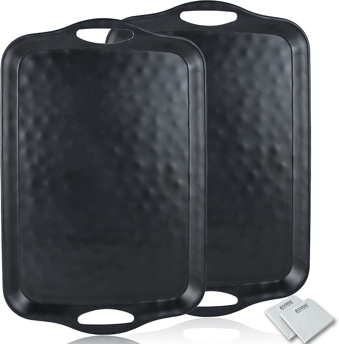 ECOIOU 20x13 inch Extra Large Serving Tray with Handles, Set of 2, Black | Melamine Platters for Serving Food, Turkey, Cookie, Rectangular Trays for Eating, Raised Dots Matt Finished, Dishwasher Safe