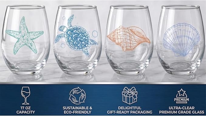 FACOYANS Ocean Themed Stemless Wine Glasses (17 oz, Set of 4) - Printed Sea Turtle, Starfish, Coastal Shell Designs - Beach House Glassware And Wine Gifts for Women, Mom, Birthdays