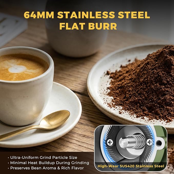 Electric Burr Coffee Grinder, 8 Grind Settings Cream Style Green | 64mm Stainless Steel Flat Burr, Low Static & Quiet, for Espresso Pour Over French Press, 3-in-1 Receiving Cup, Easy Clean