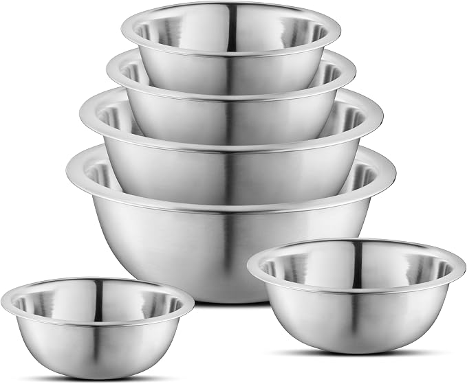 Set of 6 Premium Stainless Steel Mixing Bowls Set, Easy To Clean, Space Saving Nestable Design, Great for Cooking, Baking, Prepping (0.75qt, 1.5qt, 3qt, 4qt, 5qt, 8qt)