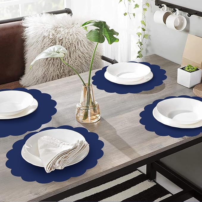 60 Pcs Navy Blue Paper Placemats, 13.5 Inch Disposable Scalloped Place Mat | Round Table Place Mats Decorative Paper for Fathers Day Birthday Wedding Banquet Holiday
