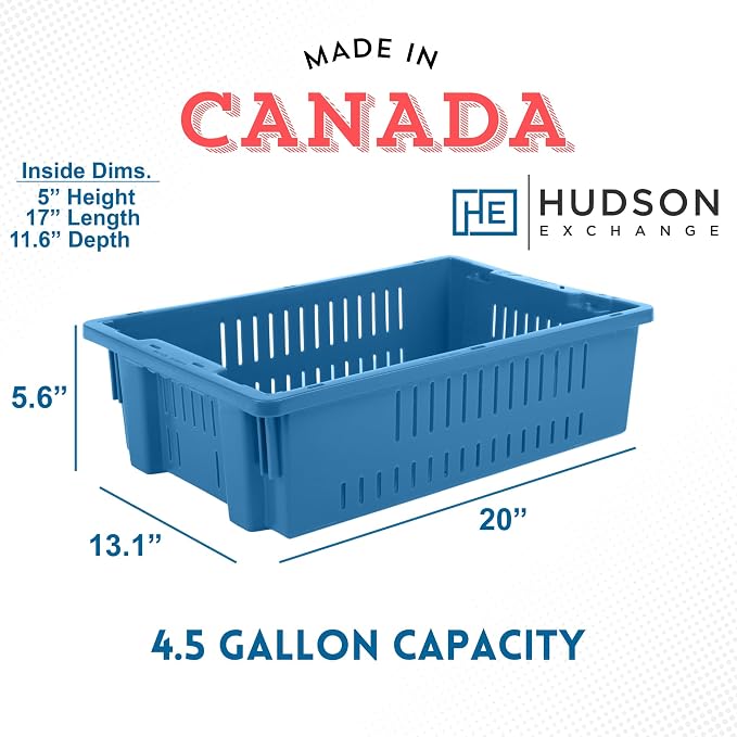 Hudson Exchange 20 x 13 x 5.6" (4 Pack, 4.5 Gallon) Agricultural Nest and Stack Vented Crate Handled Storage Container Tote, Blue