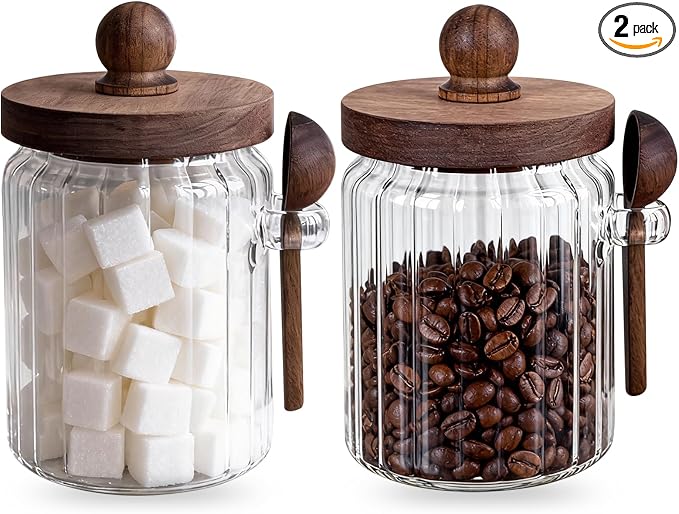 2 Pack 20oz Glass Brown Sugar Keeper Wooden Lid Canister | Farmhouse glass sugar keeper with spoon, airtight wooden lid 20oz, great for coffee bean, tea, baking spice kitchen storage