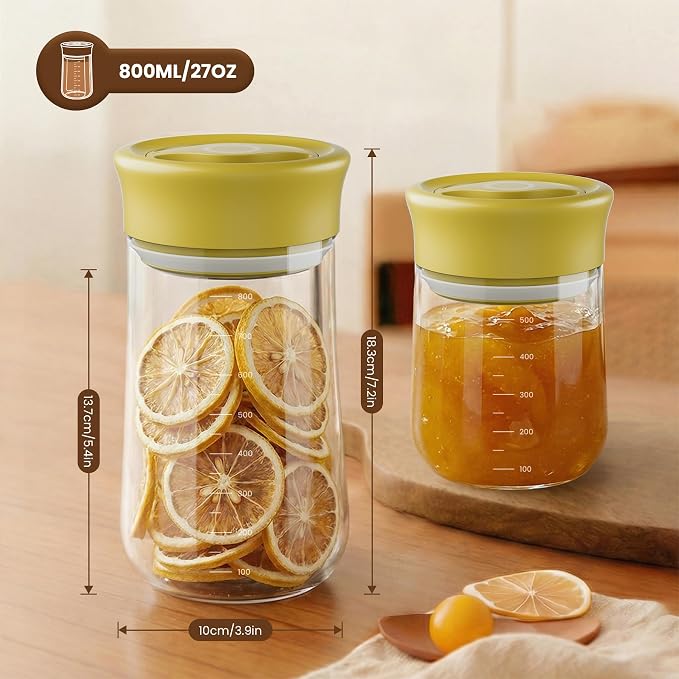 Airtight Glass Storage Jar 27 oz, Easy Open 1/4-Turn Lid Coffee Container | Easy-Open Quarter-Turn Lid, Airtight, Food Grade, Transparency, with Scale